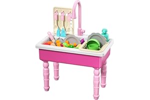 Lucky Doug Play Kitchen Sink Toy with Running Water, Dishwasher and Upgraded Automatic Water Cycle System, Outdoor Playset for Girls and Kids