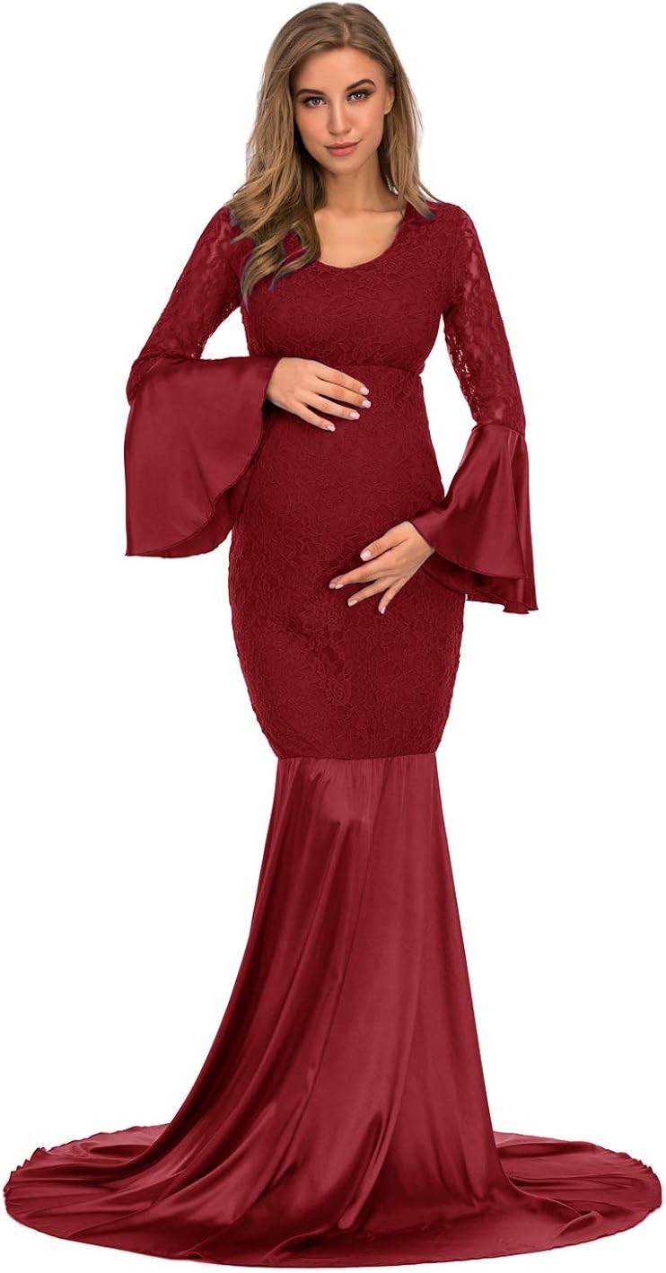 ZIUMUDY Maternity Lace Fitted Gown Long Sleeve Maxi Mermaid Photography Dress Baby Shower Photo Shoot at  Women’s Clothing store