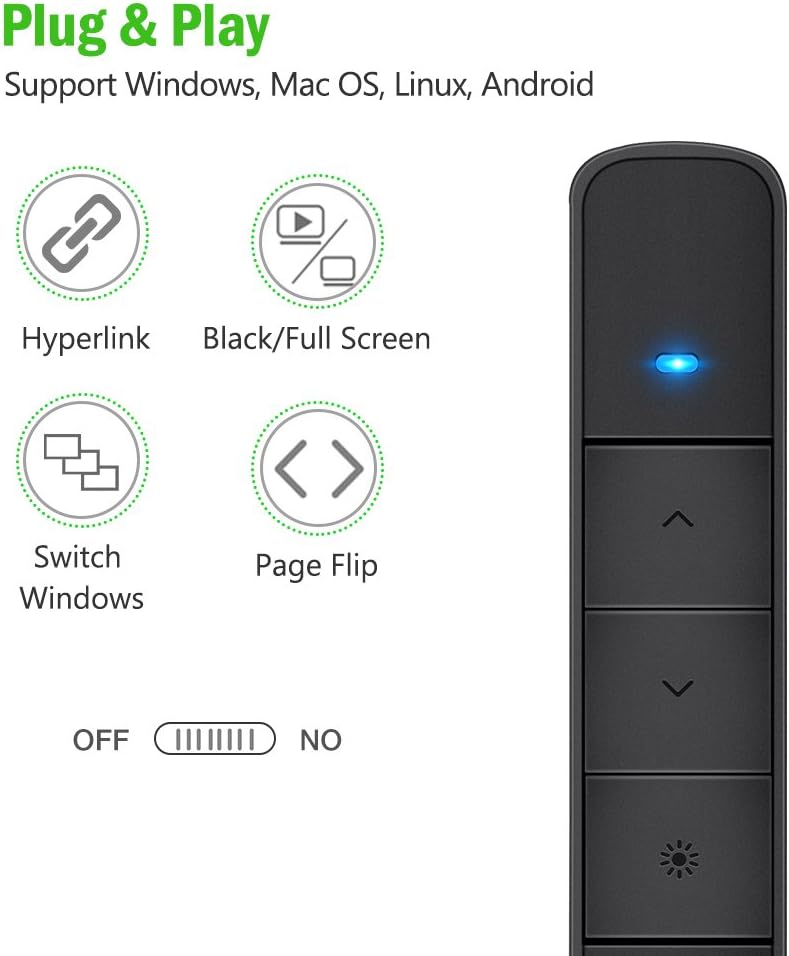 Dinofire Presentation Clicker Green Light Pointer USB Rechargeable Wireless Presenter PowerPoint Clicker Hyperlink Presentation Remote Control Slide Advancer RF 2.4GHz For Keynote / Mac / PC / Laptop : Electronics