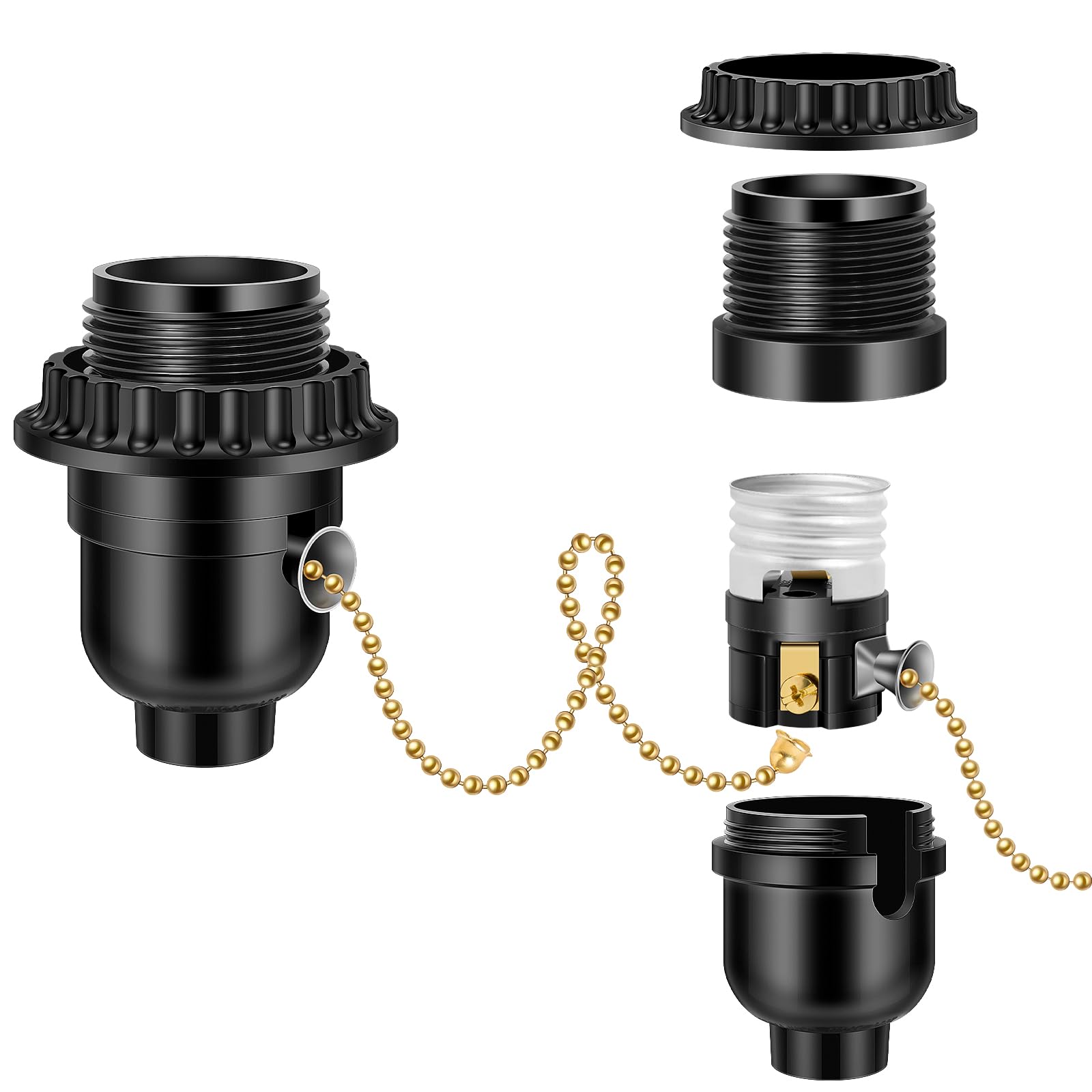 Photo 1 of Aolloa UL Listed E26 Light Socket, Threaded Lamp Socket Replacement with Pull Chain Switch Medium Base Lamp Parts with Lamp Shade Ring Ring for Table lamp, Floor lamp, Light Fixture, Black 1-Pack