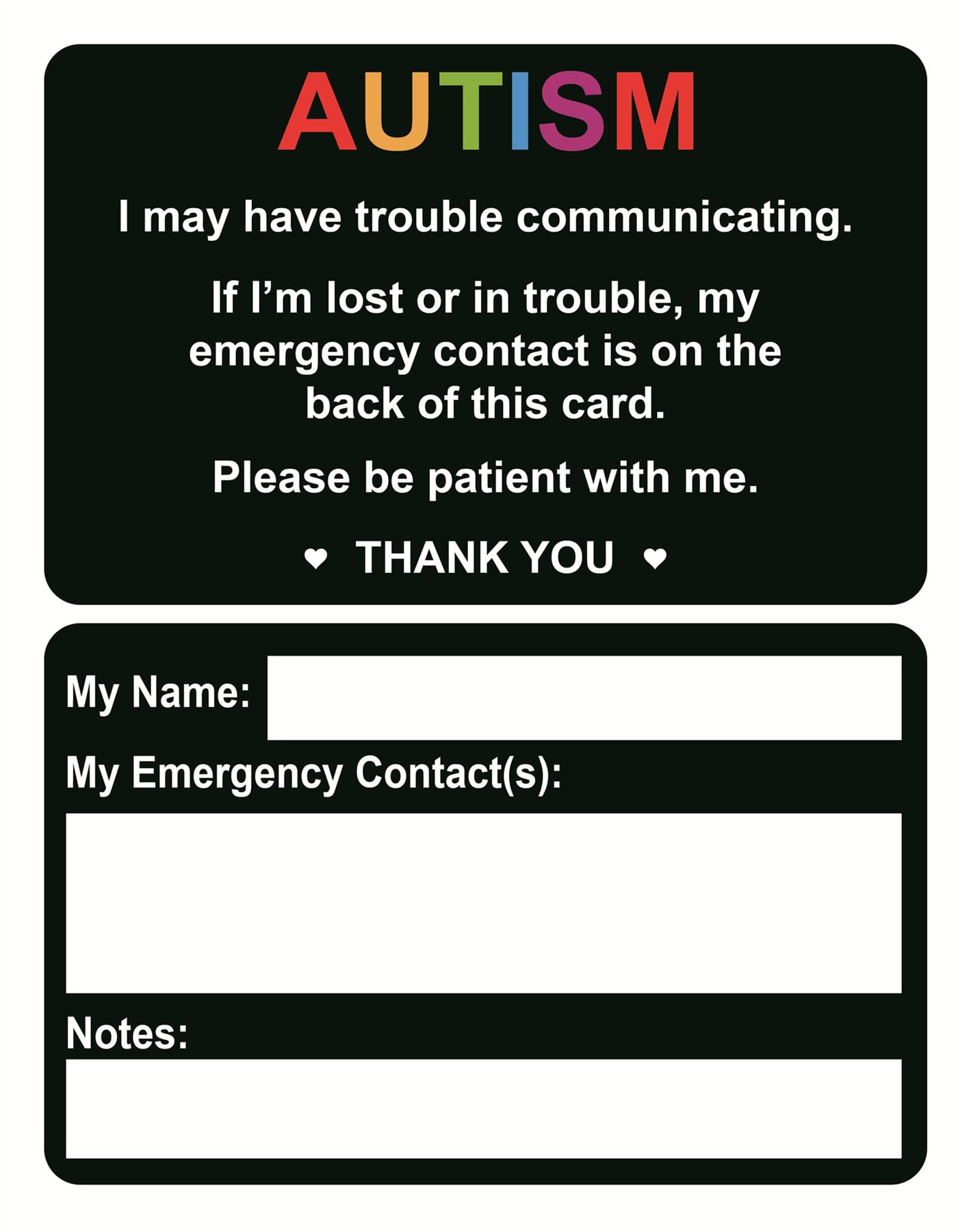 Autism Safety Plastic Card,2pcs Autistic Child Emergency Alert Card Tag for Children Emergency Contact