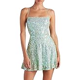 ODIZLI Women's Spaghetti Straps Sparkly Sequins A Line Swing Party Nightclub Dance Mini Dress Above Knee Length