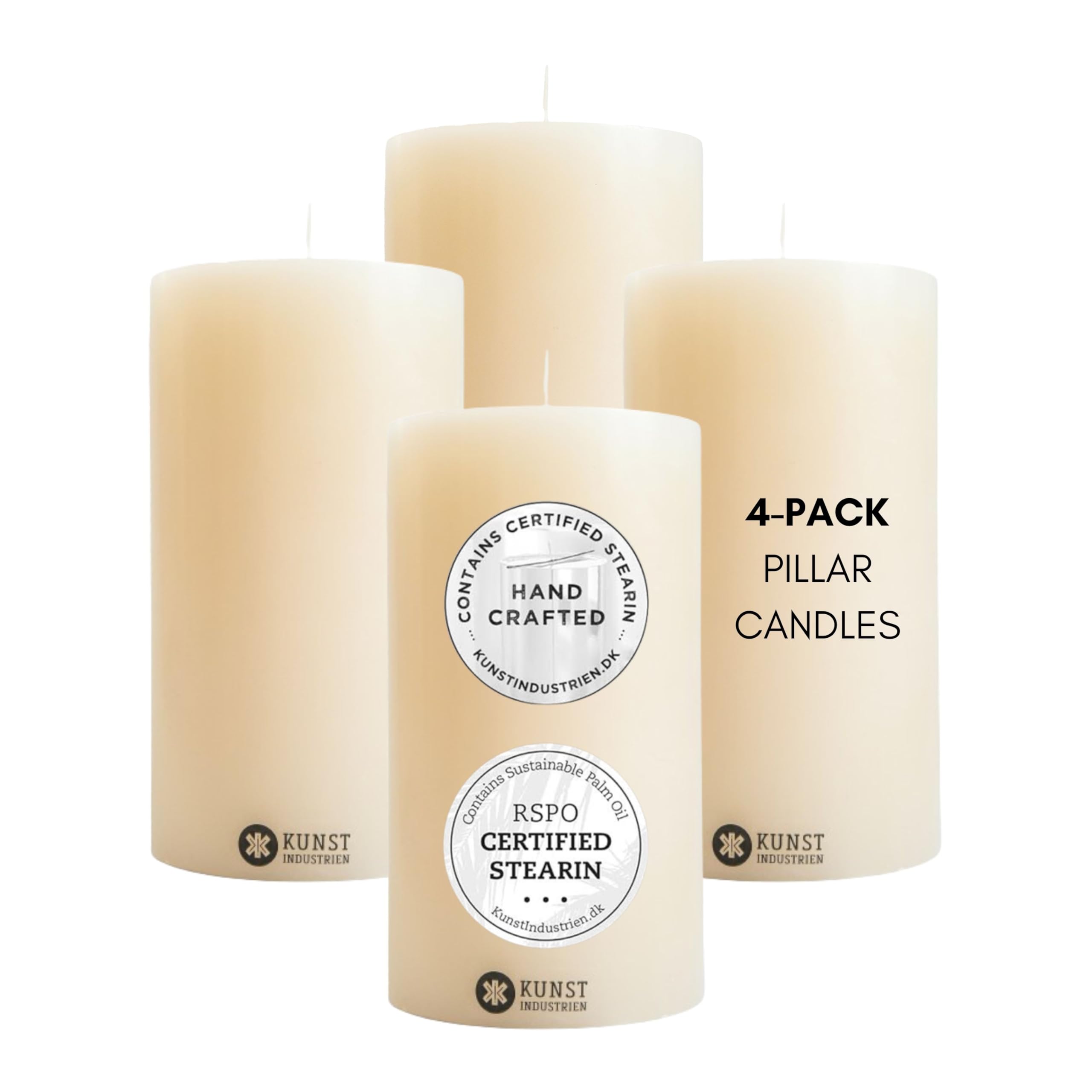 Kunstindustrien® Pillar Candles, Handmade, RSPO Certified, Dripless & Smokeless Church Candles, White Candles Long Burning 70 Hours per Candle, Unscented Candle Gift Set, 4 pcs. 7 x 12cm (Off-White)
