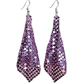 Colorful Sequin Dangle Earrings Metal Mesh Grid Tassel Drop Earrings Colorful Sequins Tassel Earrings Disco Tassel Long Drop Earrings for Women Jewelry Gift-purple