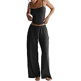 TDCoool Women's 2 Piece Pajama Lounge Set Summer Matching Lounge Sets Spaghetti Strap Tank Top Comfy Wide Leg Pants Sets