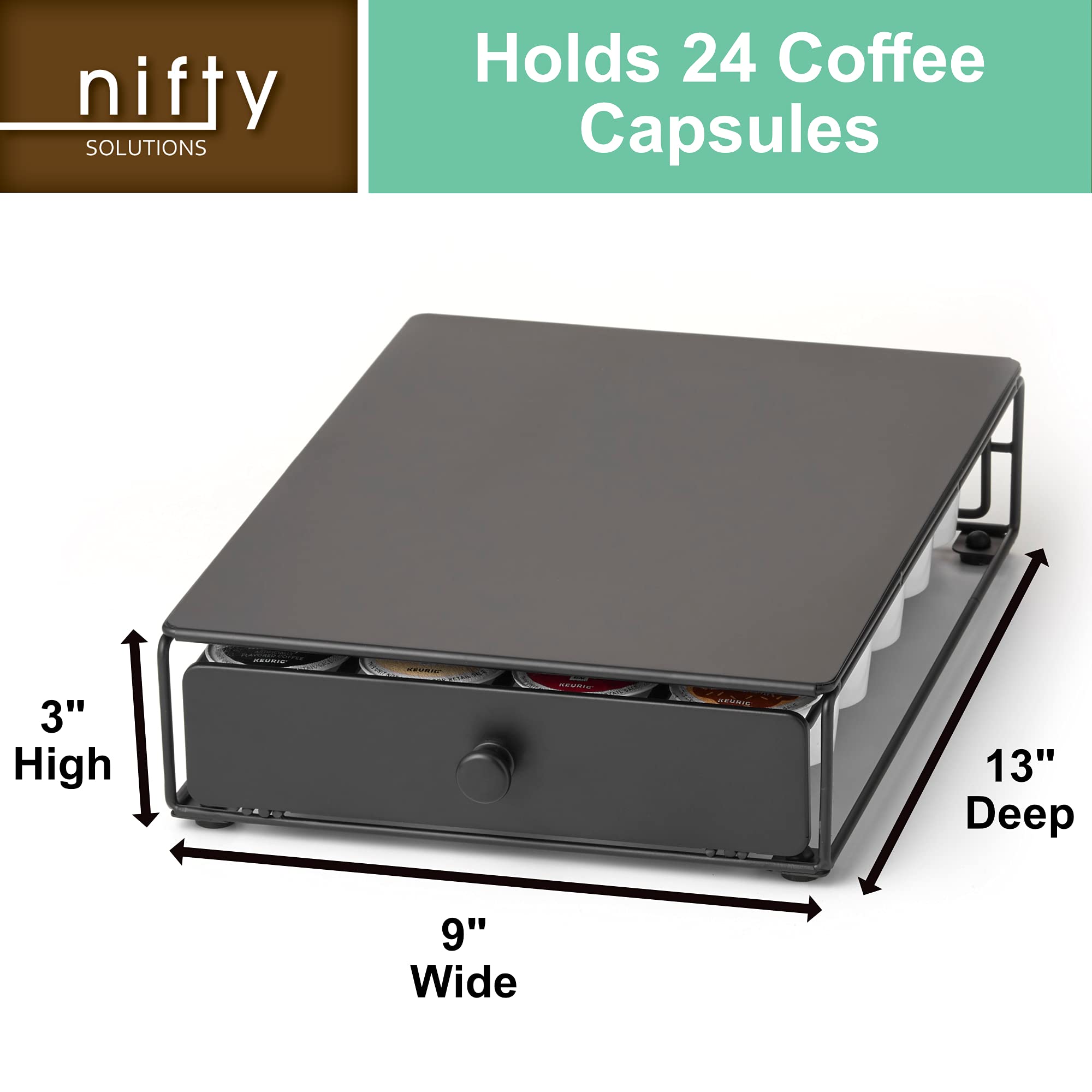 Nifty Coffee Pod Mini Drawer – Black Finish, Compatible with K-Cups, 24 Pod Pack Holder, Non-Rolling, Under Coffee Pot Storage, Sliding Drawer, Home Kitchen Counter Organizer