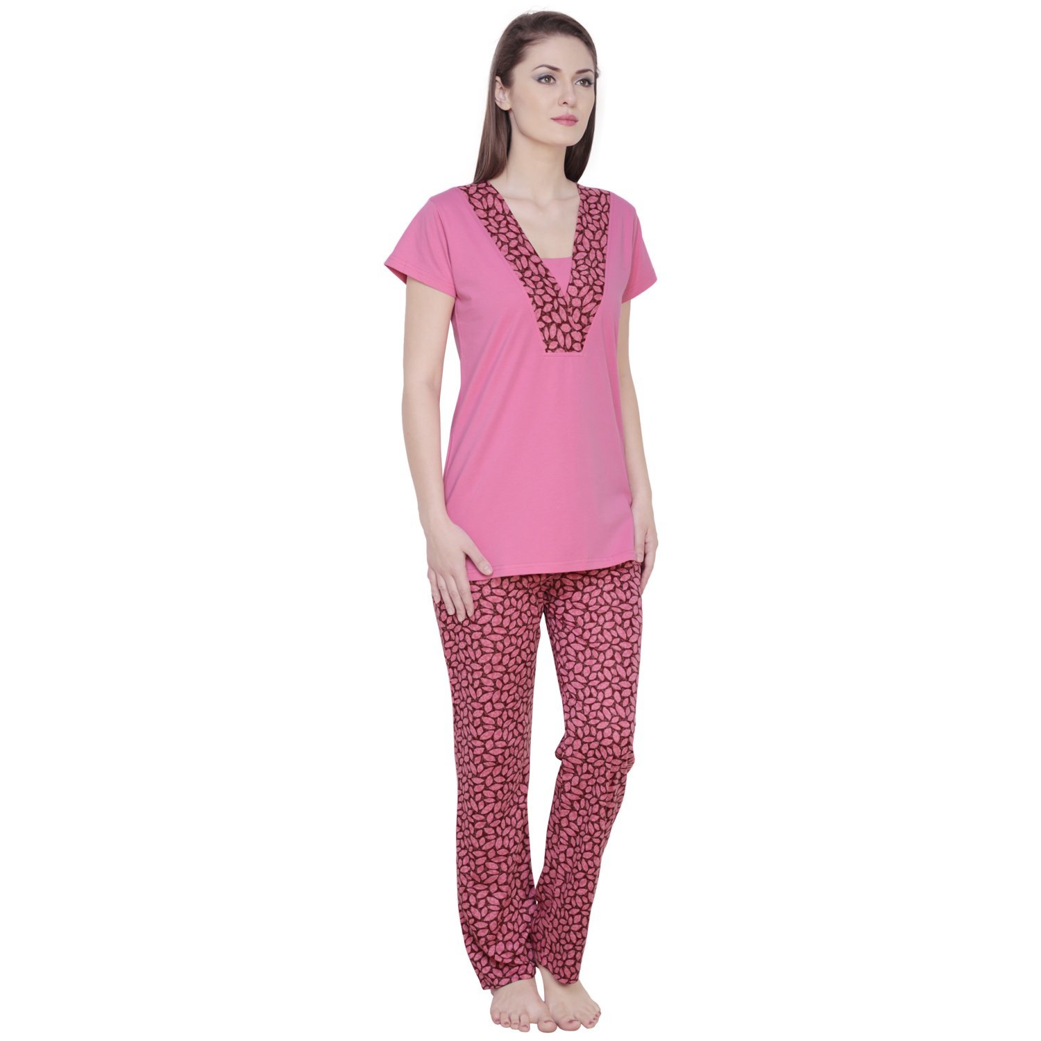 claura floral leaf print pink cotton night suit pyjama set