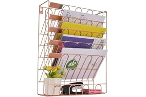 Spacrea Hanging File Holder Organizer - 6 Tier Wall Mount File Organizer for Women, Hanging Wall File for Office, School or Home, Rose Gold