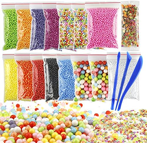 OPount 15 Pack Colorful Styrofoam Foam Balls for Slime 0.08-0.35 Inch with Slime Tools and Fruit Slice for Slime Making Art DIY Craft
