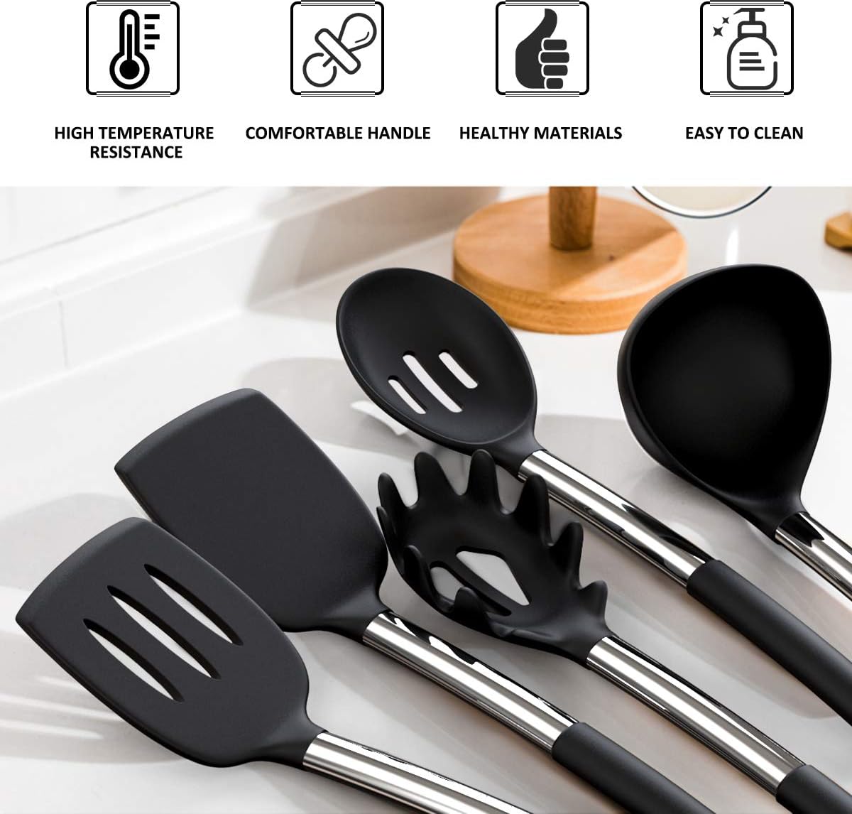 Silicone Cooking Utensil Set, Fungun Non-stick Kitchen Utensil 24 Pcs Cooking Utensils Set, Heat Resistant Cookware, Silicone Kitchen Tools Gift with Stainless Steel Handle (Black-24pcs): Kitchen & Dining