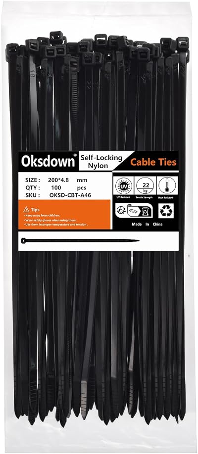 Oksdown 500 Pack Black Nylon Cable Ties 200mm x 4.8mm Heavy Duty