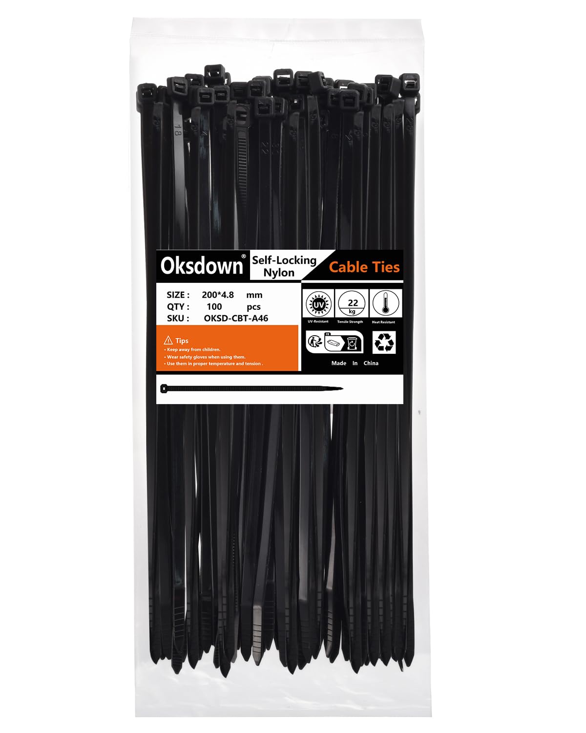 Oksdown 100 Pack Black Thick Cable Ties Heavy Duty Large 200mm×4.8mm Strong Nylon Plastic Self Locking 8 inch/20 cm Long Zip Tie Wraps — image 1