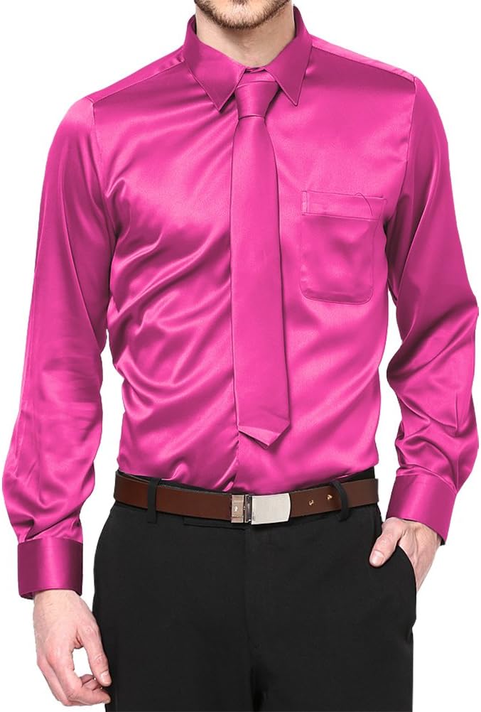 Hot Pink Satin Dress Shirt with Neck Tie and Hanky Kids to Youth Sizes