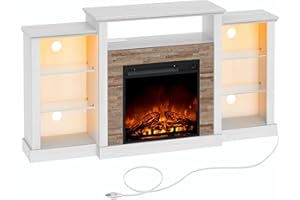 Rolanstar Fireplace TV Stand with LED Lights and Power Outlets, TV Console for 32" 43" 50" 55" 65", Entertainment Center with Adjustable Glass Shelves, Ivory White