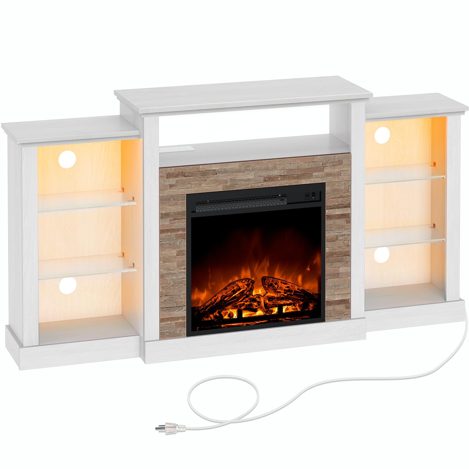 Photo 1 of Rolanstar Fireplace TV Stand with LED Lights and Power Outlets, TV Console for 32" 43" 50" 55" 65", Entertainment Center with Adjustable Glass Shelves, Ivory White