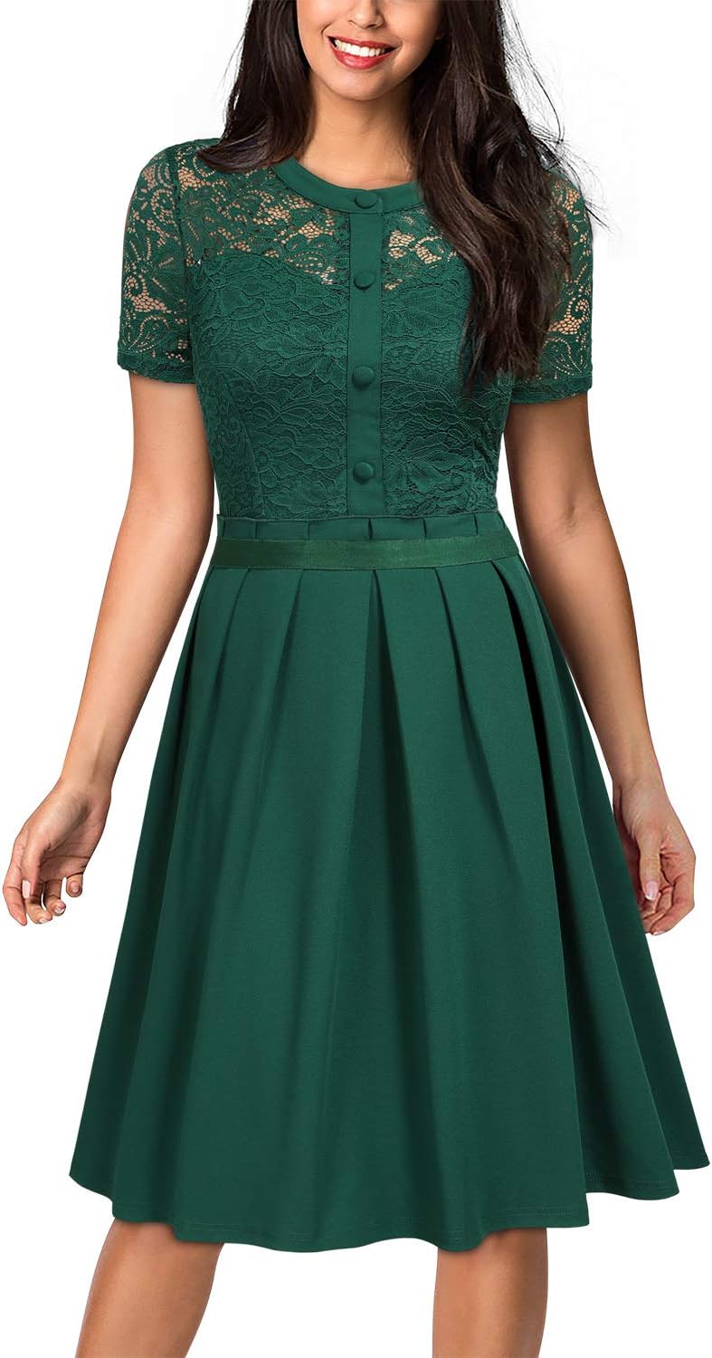 MISSMAY Women's Vintage Floral Lace Pleated Cocktail Party Fit and Flare Dress
