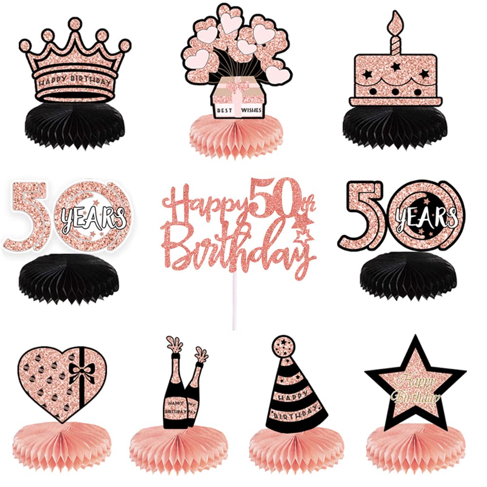 Happy 50th Birthday Party Packs - Honeycomb Table Decorations With Rose Gold Cake Topper & Table Topper
