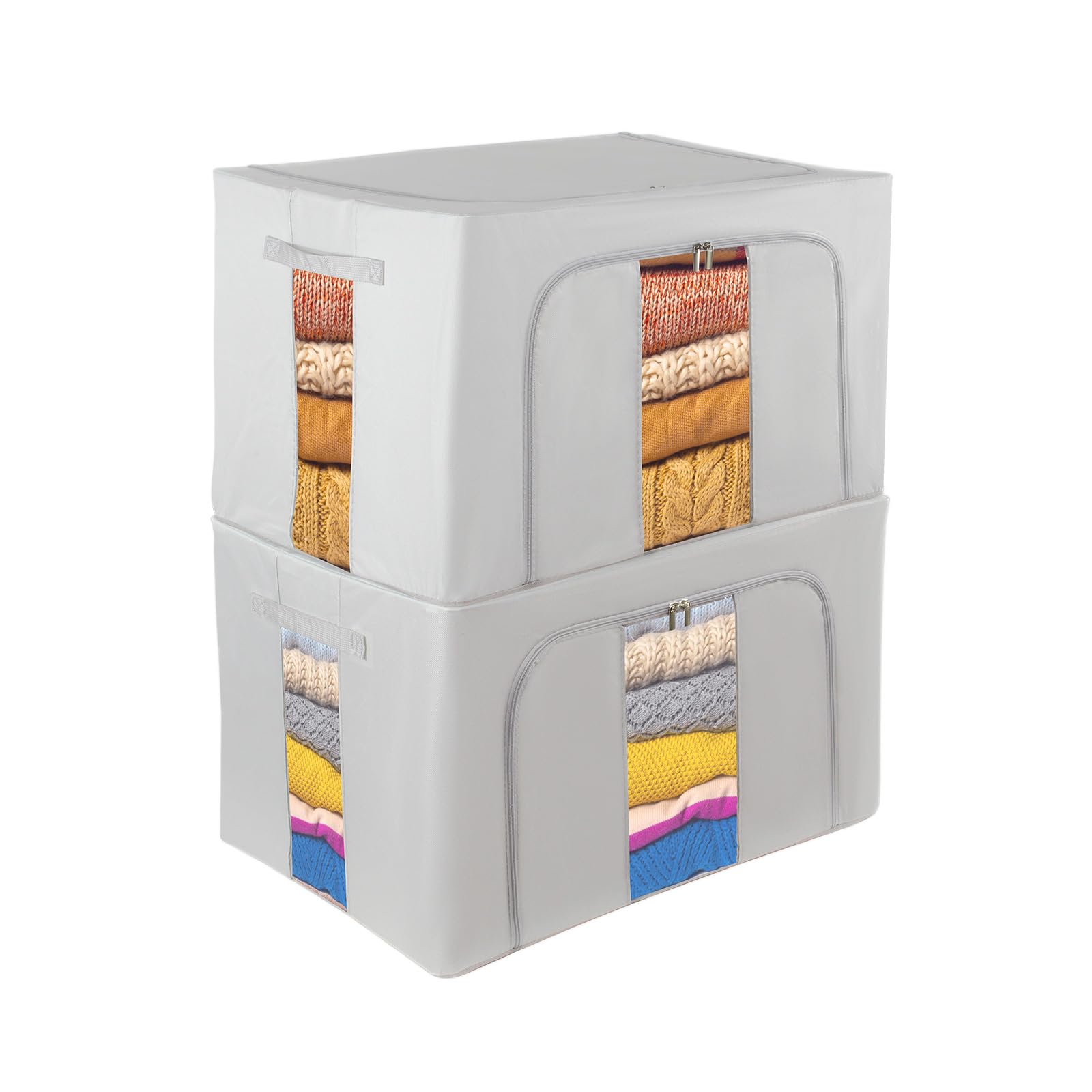Womanht 2 Pack Closet Organizers and Storage, Foldable Oxford Steel Frame Storage Box with Clear Window & Carry Handles, Stackable Storage Bins Boxes for Clothes & Beddings & Blankets-Light grey 66L