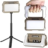 Rechargeable LED Work Light with Stand, 1000lm Dimmable Cordless Foldable with Triple Sources & Hooks, Waterproof Portable Work Light with Tripod for Camping, Garage, Job Site Lighting, Car Repairing