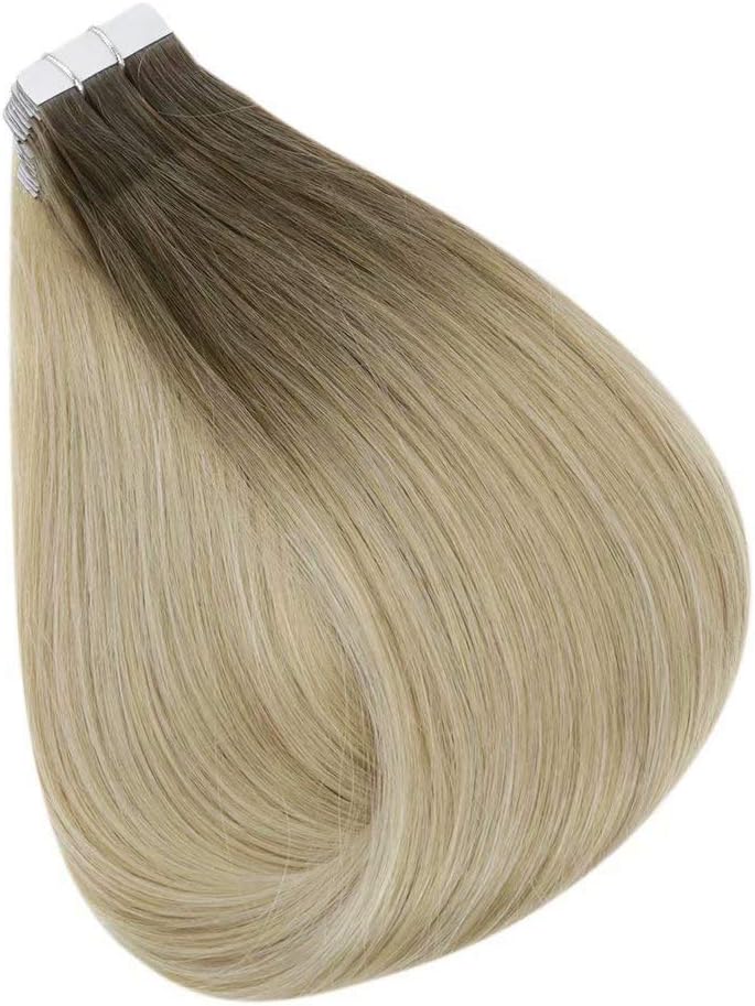 Easyouth Tape in Hair Extensions Real Human Hair Blond Balayage Tape in Human Hair Extensions Medium Brown Ombre Caramel Blonde Platinum Blonde Tape Hair Extensions Invisible 12Inch 30g 20Pcs #6/27/60 - Image 3