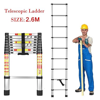 HOME BUY Telescopic Ladder, Folding Step Ladder, Aluminium, 2.6 Meter (8.5 Feet) Height