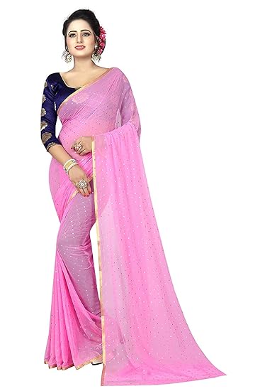 Womens Chiffon Nazamin Gold Print Saree with Jacquard Blouse Piece ( Pink)