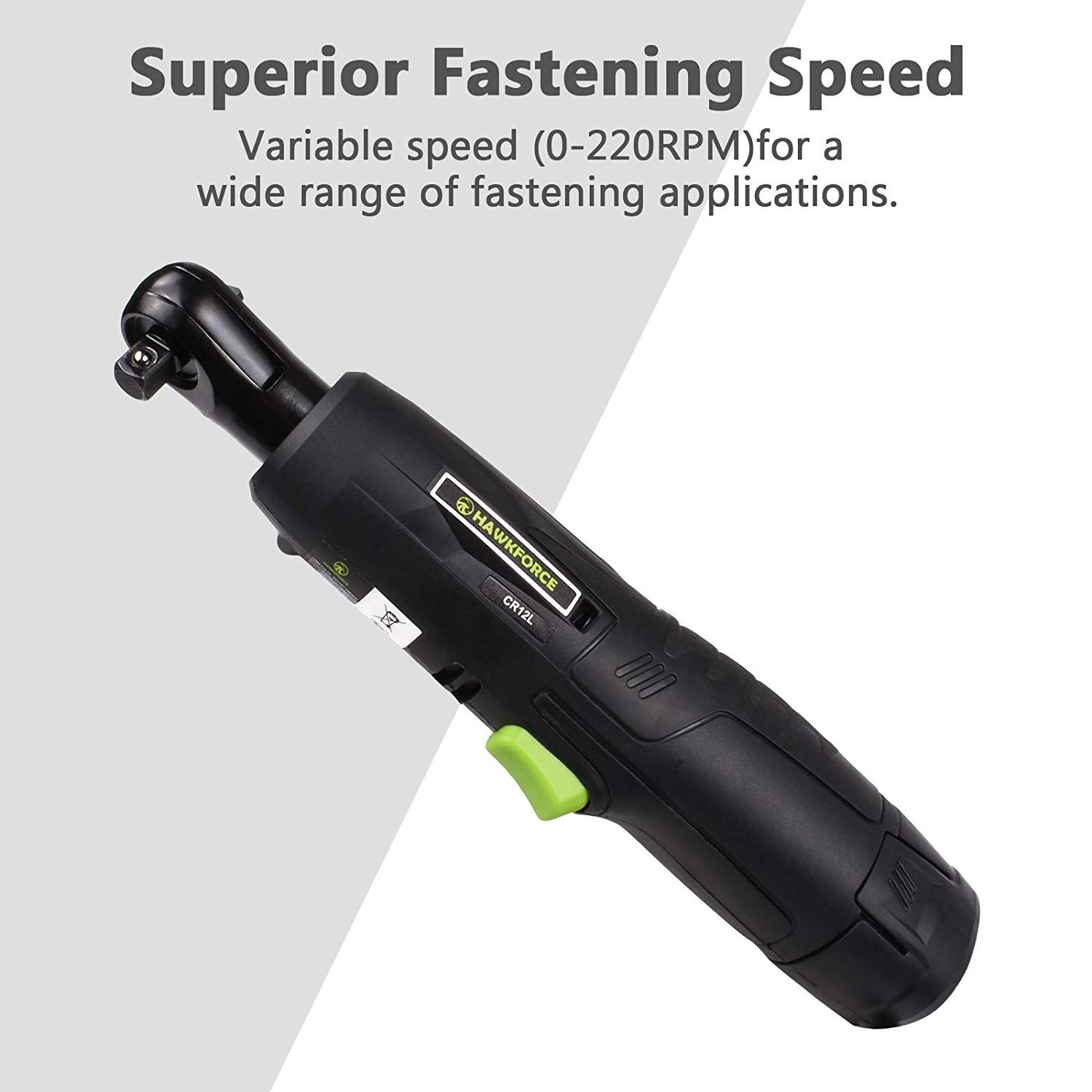 Electric Ratchet Wrench, HAWKFORCE Cordless 3/8 Inches Air Ratchet Tool Set Variable Speed Trigger with 12V Lithium-Ion Battery, Charger Kit and 16 PCS Wrench Sockets (CR12L)