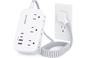 BESHON Flat Extension Cord, 5FT Flat Plug Power Strip with USB C, 6 Outlets 4 USB Port(2 USB C), No Surge Protector, Cruise Ship, Dorm Room Travel Essentials