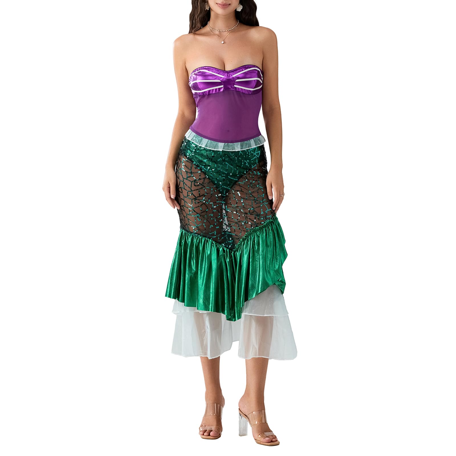 DELIMALI Women's Mermaid Ladies Ruffle Sequin Fairytale Book Fancy Long Tail Dress Womens Adults Costume Outfit (Green, Small)