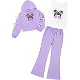 Gyrategirl Girls 3 Piece Outfits Long Sleeve Crop Tops Hoodies and Flare Pants Matching Tank Top Kids Fall Spring Clothes Set