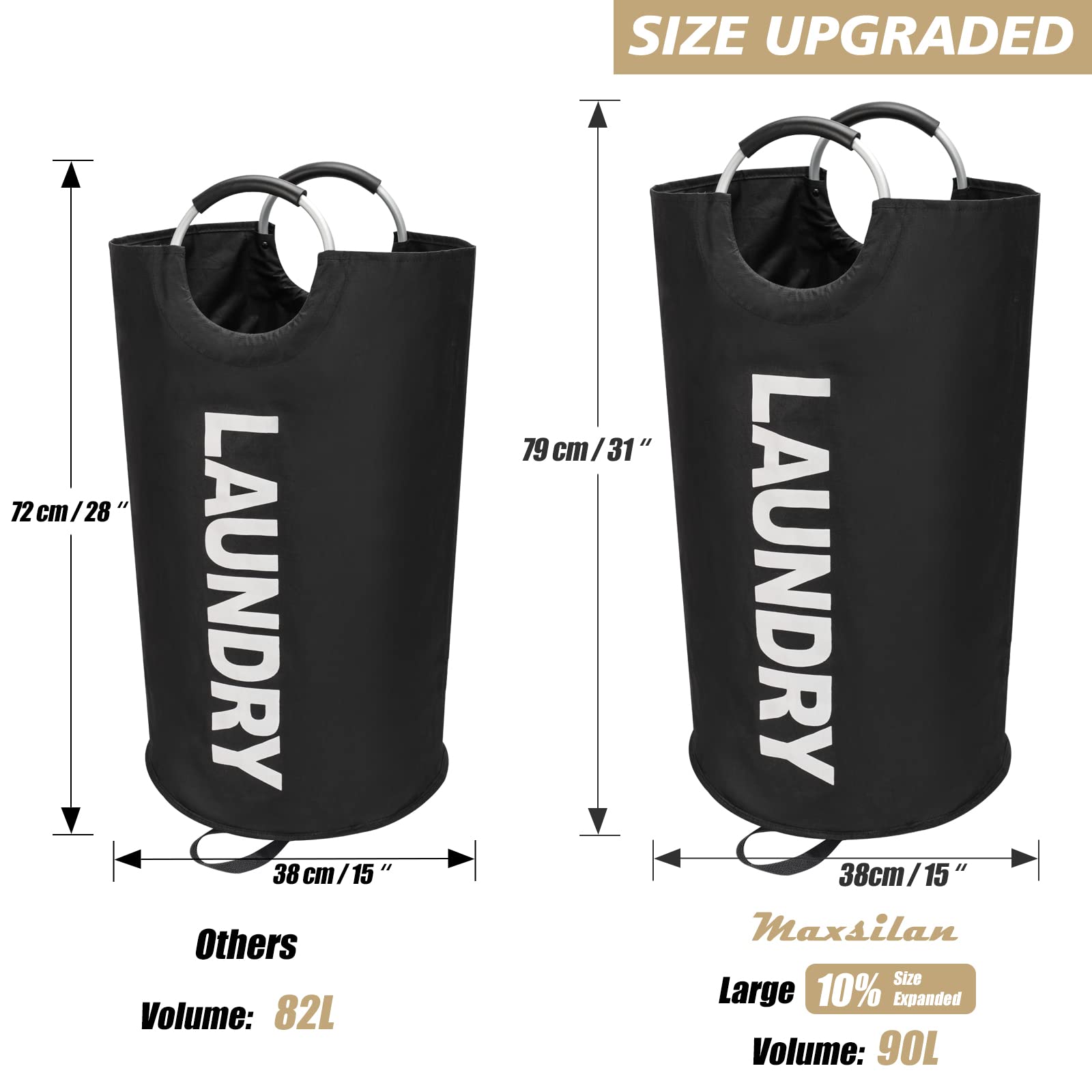 90L Large Laundry Basket, Freestanding Tall Clothes Hamper, Collapsible Laundry Bag, Black