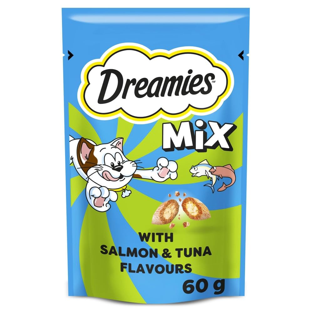 Dreamies Cat Treats, Tasty Snacks with Scrumptious Salmon and heavenly Tuna, 8 Pouches of 60 g