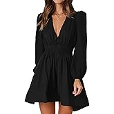 FAIABLE Mini Deep V Sexy Long Sleeve Dress for Women A-line High Waisted Casual Flowy Dress for Cocktail Wedding Guest