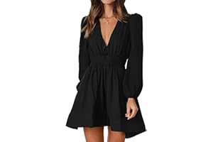 FAIABLE Mini Deep V Sexy Long Sleeve Dress for Women A-line High Waisted Casual Flowy Dress for Cocktail Wedding Guest
