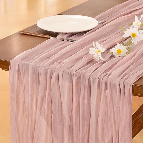 Socomi Pink Cheesecloth Table Runner Easter Spring Boho Rustic Gauze Dusty Pink Farmhouse 120 inch 10FT Cheese Cloth Runner for Wedding Party Baby Shower Birthday Home Decor Holiday Decorations