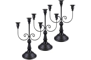 Dandat 3 Pcs 3 Arm Metal Candelabra Candlestick Holders Tall Candlestick Holders Gothic Candle Holder for Home Wedding Church Christmas Party(Retro,11.8 Inch,Black)