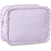 EMBRUNIOICE Gingham Ruffle Makeup Bag,Large Travel Cute Cosmetic Bag for Women Girls,Toiletry Bag Make up Organizer 10.8 x 4.5 x 8 inch (Purple Gingham)