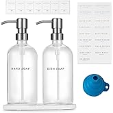Glass Soap Dispenser - Dish Hand Soap Dispenser Set for Kitchen, Bathroom Soap Lotion Dispenser with 304 Rust Proof Pump, Tray, Clear Bottle/Silver Pump