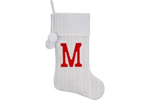 Pxniy Personalized Christmas Stocking 19 Inch - White Cable Knit with Monogram Embroidery & Pom Poms, Family Fireplace Hanger for Holiday Decor, White Letter M