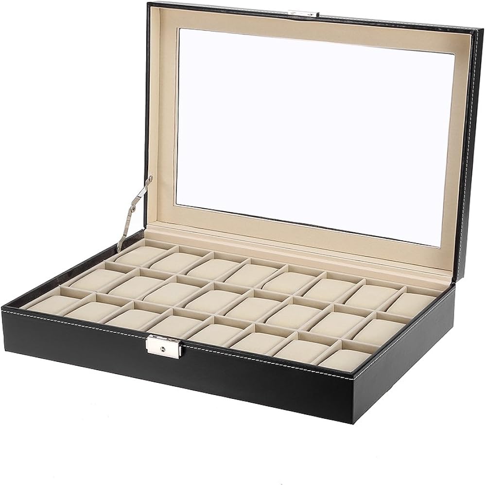 Mbuynow Uhrenbox 24 Uhren Uhrenkoffer Herren Uhrenbox Damen Uhrenkasten Herren Uhrenvitrine abschließbar für 24 Uhren aus kunstleather