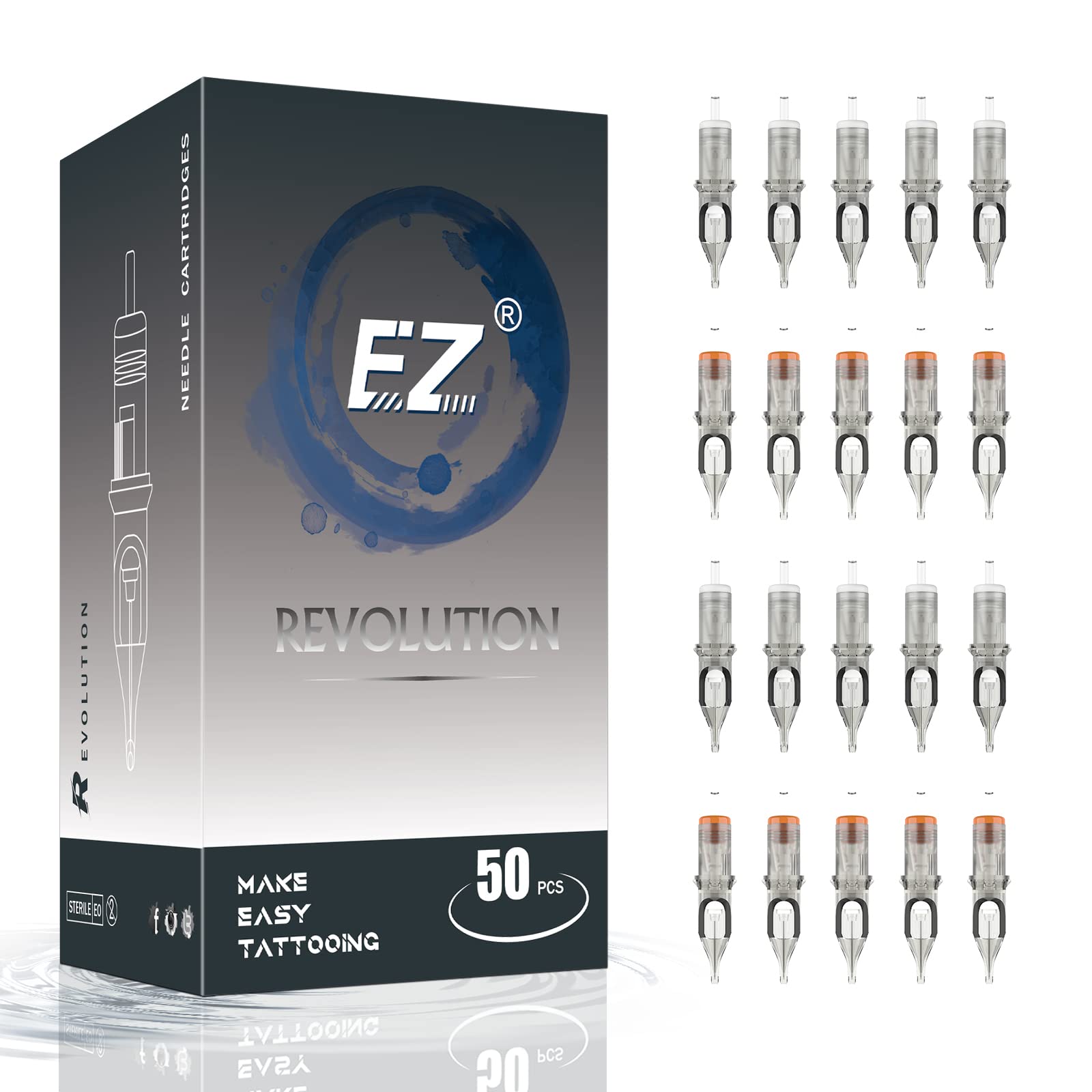 EZ Tattoo Cartridge Needles Assorted - 50Pcs #10 Mixed (3RL 5RL 7RL) & #12 Mixed (5RS 7RS) Round Liner/Shader Tattoo Needle Cartridges for Tattooing Rotary Tattoo Pen Machine Supply - Revolution — image 1