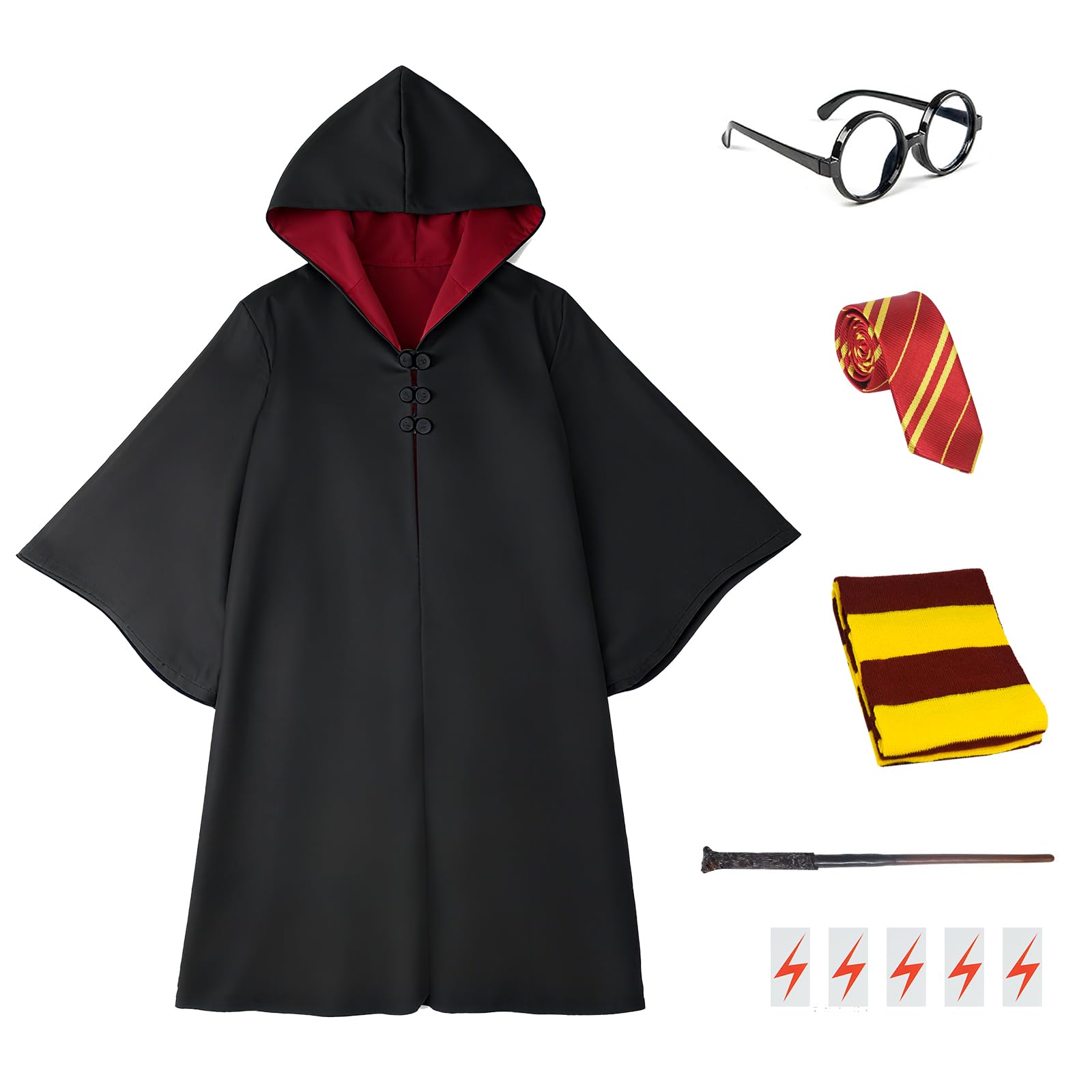 Photo 1 of 6 PCS Wizard Costume Set, Magic Wand Round Glasses Robe Scarf Tie and Scar Tattoo Halloween Costume Accessories for Adult Women Men Teenager, Witch Circle Fake Glasses Cloak Black