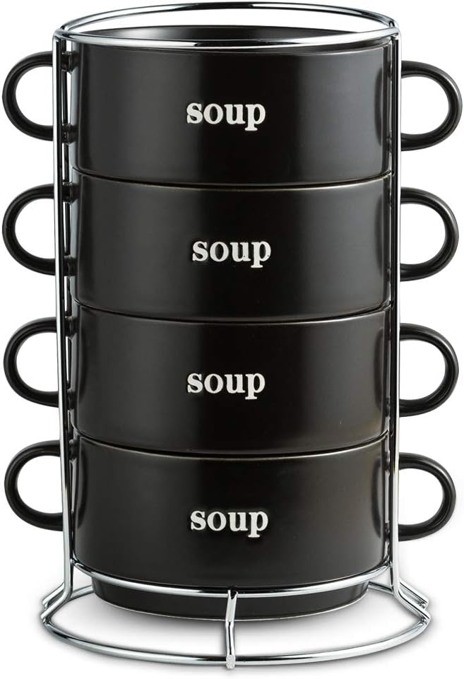  | Soup Bowl Set with Handles 27 Oz，Oven Safe Soup Bowls with Serving Stand for Soup, Cereal, Desserts, Chill Set of 4 Stackable Soup Crock，Black: Soup Bowls