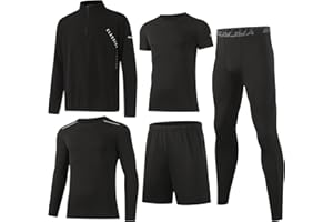BUYJYA UYJYA 5Pcs Men's T Shirts Workout Long Sleeve Athletic Zip Pocket Shorts Jackets Compression Pants Gym Clothes Running