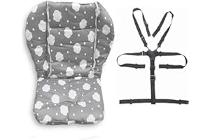 Twoworld Baby High Chair Seat Cushion Liner Mat Pad Cover Resistant and High Chair Straps (5 Point Harness) 1 Suit (Gray Clouds)
