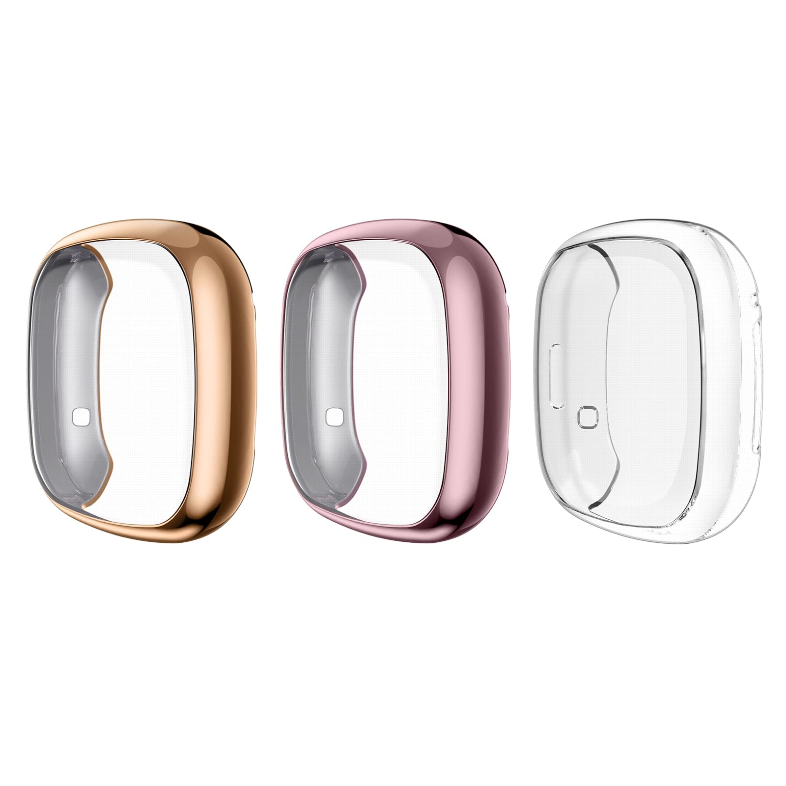 MoKo 3-Pack Screen Protector Case Compatible with Fitbit Versa 3/Fitbit Sense, TPU Plated Bumper Shell Full Cover Protective Case with TPU Screen Protector - Pink & Gold & Clear