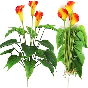 Bird Fiy Artificial Plants Flowers, Real Touch Fake Calla Lily Plant Greenery Shrubs Silk Flower for Wedding Bridle Bouquet Indoor Outdoor Home Kitchen Office Table Decor (Orange, 2Pcs/No Pot)