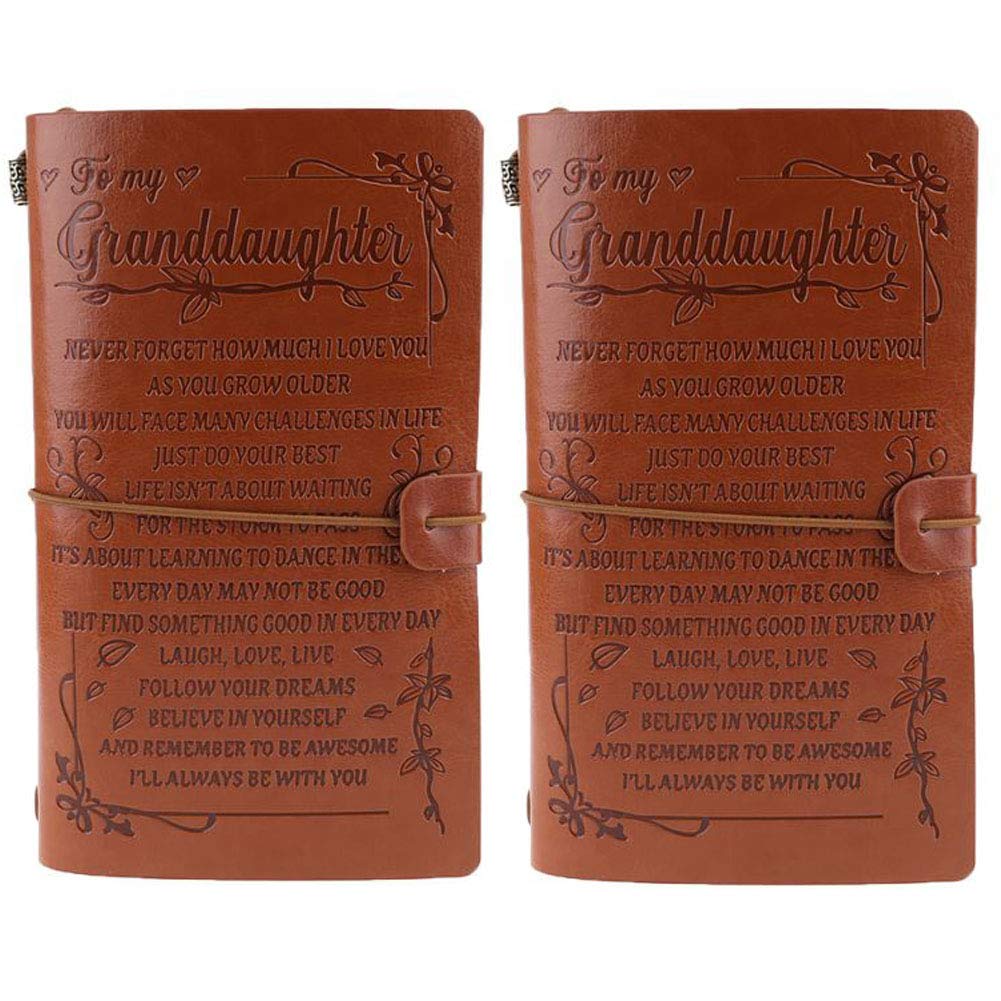 2 PCS Vintage Engraved Faux Leather Journal Notebook Diary to Granddaughter Travel Notepad Gift 20x12cm School Christmas Wedding Trip Birthday Graduation Gift Gifts for Grandchildren