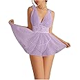 OYOANGLE Women's 2 Piece Polka Dots Lace Sheer Mesh V Neck Babydoll Teddy Lingerie Set