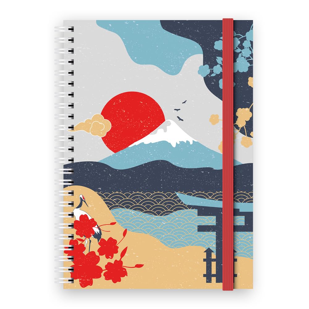 Cauliflower Journals A5 Spiral Bound Journal Notebook- Japanese Themed Cover Designs, 120 Ruled Pages, Double Pocket Page & Elastic Page Divider (Mountain), UK Made